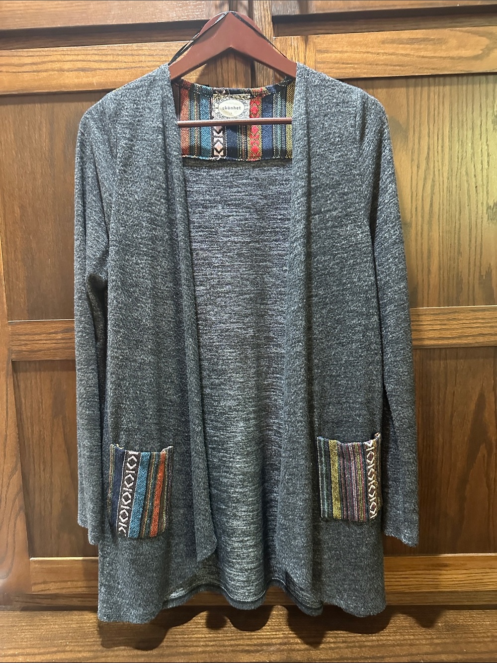 Marshalls Gray Open-Front Cardigan with Multicolor Striped Pocket Accents
